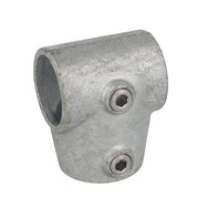 Doughty Pipeclamp Angled Single Socket Tee 4-10 Degree - Galvanized steel pipe fitting with hex screws.