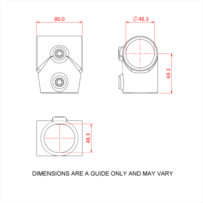 Doughty Pipeclamp Angled Single Socket Tee 4-10 Degree - Technical drawing of pipe fitting dimensions. - imagen 3