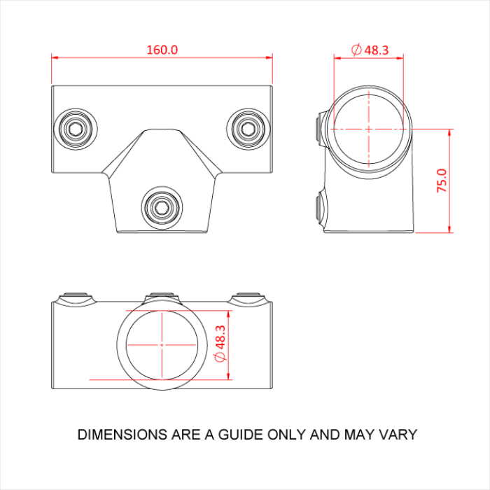Doughty Pipeclamp Angled Two Socket Tee 4-10 Degree - Technical drawing of pipe clamp dimensions. - imagen 3