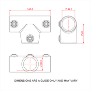 Doughty Pipeclamp Angled Two Socket Tee 4-10 Degree - Technical drawing of pipe clamp dimensions. - imagen 3