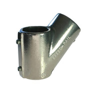 Doughty Engineering - Doughty 45 Degree Angle Tee - The image shows a metal pipe fitting with a shiny finish. It has two cylindrical openings set at an angle to each other. The surface is slightly textured, and the word "SPEED-RAIL" is embossed on it. There are two visible screws on one side, likely for securing pipes. The fitting is designed for structural support or assembly in construction or DIY projects. - T194006 - imagen 4