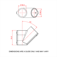 Doughty Engineering - Doughty 45 Degree Angle Tee - The image is a technical drawing showing the dimensions of a cylindrical object viewed from the top and side. The top view shows two circles with a diameter of 48.3 units. The side view displays the object tilted at a 45-degree angle and a height of 91.0 units. A note at the bottom states that dimensions are for guidance only and may vary. - T194006 - imagen 5
