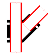 Doughty Engineering - Doughty 45 Degree Angle Tee - The image illustrates an abstract geometric structure featuring overlapping rectangles. The main vertical rectangle is outlined in red with a thick black bar on the left side. A diagonal rectangle intersects the main rectangle, forming a "Y" shape. Both rectangles have red outlines and include symbols resembling electrical or circuit diagram indicators. The background is plain white. - T194006 - imagen 6