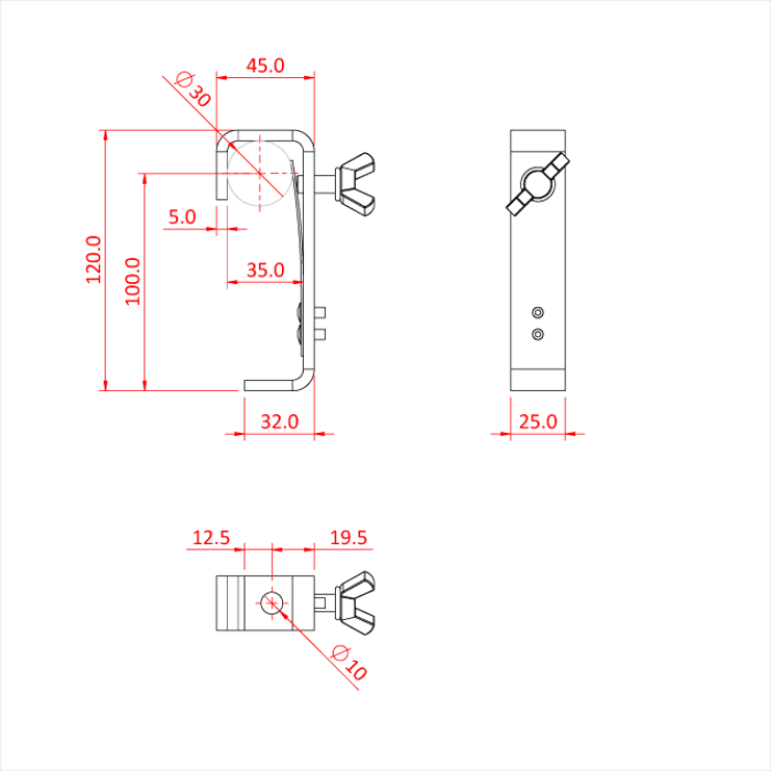 Doughty 30mm Hook Clamp c/w Protector Strip - Technical bracket diagram with detailed measurements and dimensions. - imagen 2