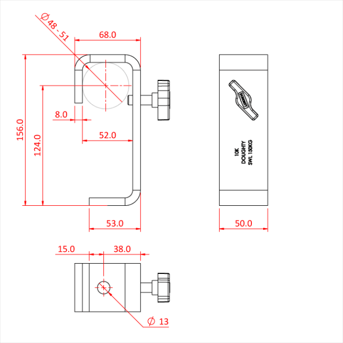 Doughty 50mm Heavy Duty Hook Clamps - Steel bracket technical drawing with dimensions and specifications. - imagen 4
