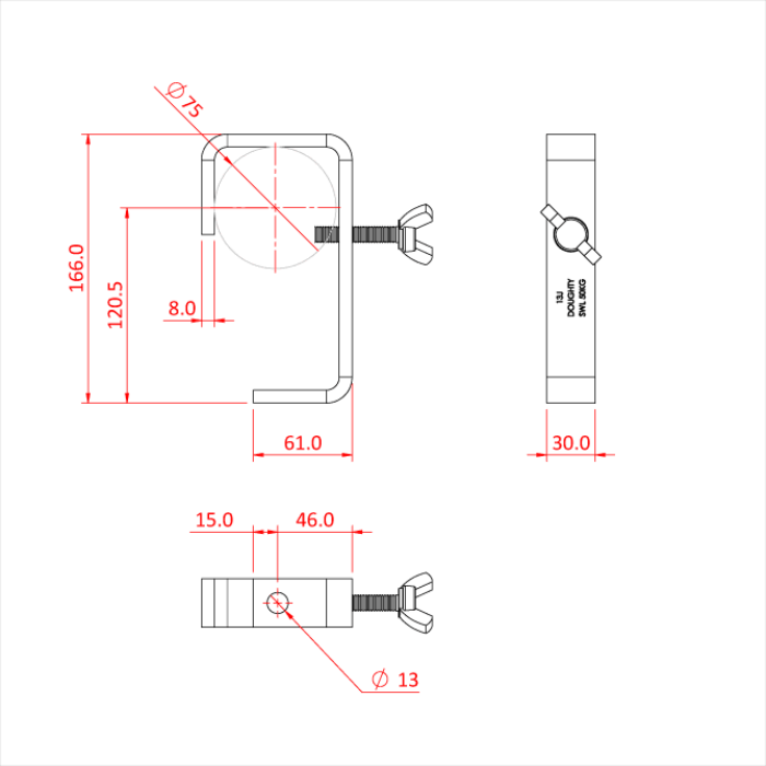 Doughty 75mm Hook Clamp - Clamp bracket technical drawing with precise measurements. - imagen 16