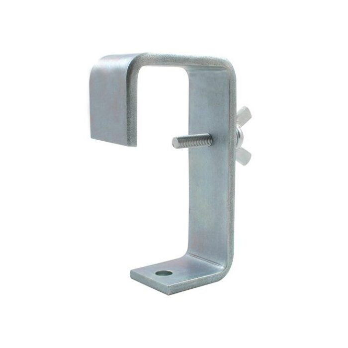 Doughty Engineering - Doughty 60-75mm Hook Clamp (Steel) - The image shows a metallic J-shaped bracket, typically used for mounting or securing objects. It has a hole in the base and a threaded bolt with a wing nut for adjustable fastening. The finish appears to be galvanized or steel. - T21805 - imagen 10