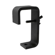 Doughty Engineering - Doughty 60-75mm Hook Clamp (Steel) - The image shows a black metal bracket with a C-shape. It features a threaded rod with a knob for tightening and securing the bracket. The bottom part has a hole possibly for mounting or additional attachments. This type of bracket is often used in clamping applications, such as securing items to a table. - T21805 - imagen 4