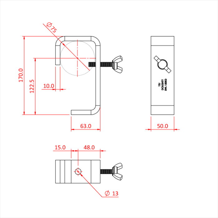 Doughty 75mm Heavy Duty Hook Clamp - Metal clamp design with detailed measurements in red. - imagen 14