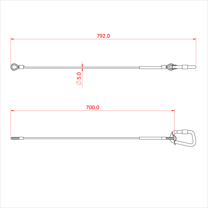 Doughty 75Kg Safety Bond-5mm x 700mm-TV Spec - Steel cable safety tether with hook, 792mm length. - imagen 2