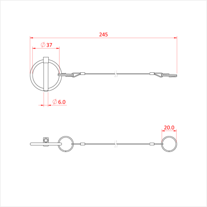 Doughty Lynch Pin with wire - Cable blueprint with dimensions, 245mm length, circular ends. - imagen 2