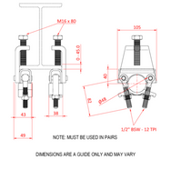 Doughty Gravlock Coupler T29497, technical dimensions diagram showing flange range 0–45mm, tube diameter Ø48mm, overall width 105mm, bolt M16x80, 1/2" BSW 12 TPI. Must be used in pairs. - imagen 4