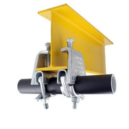 Doughty Gravlock Couplers T29497, pair of steel gravlock couplers attaching a 48mm black tube to a yellow steel I-beam flange in a stage or structural installation. - imagen 3