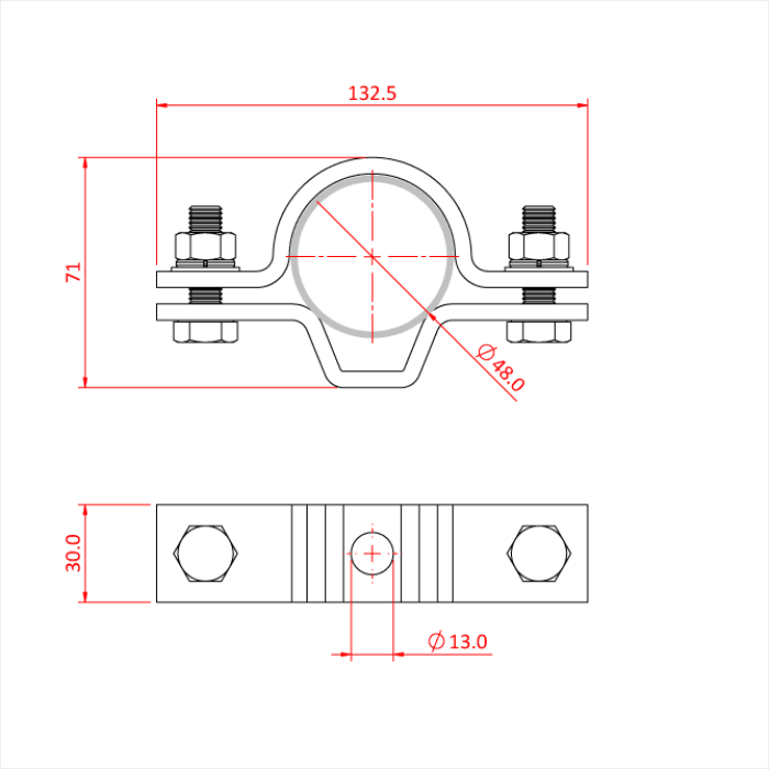 Doughty Universal Clamp - Pipe clamp technical drawing with measurements and bolts. - imagen 4