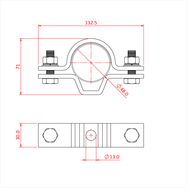 Doughty Universal Clamp - Pipe clamp technical drawing with measurements and bolts. - imagen 4