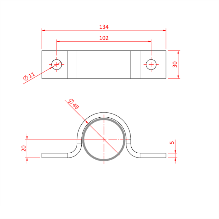 Doughty Saddle Clamp 48mm - Pipe clamp technical drawing with precise measurements. - imagen 2