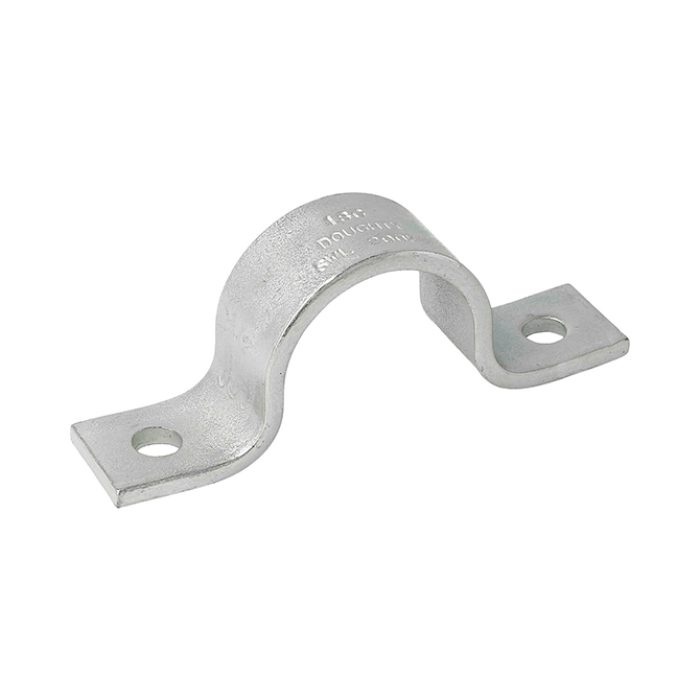 Doughty Saddle Clamp 38mm - Galvanized steel conduit strap with dual-hole mounting.