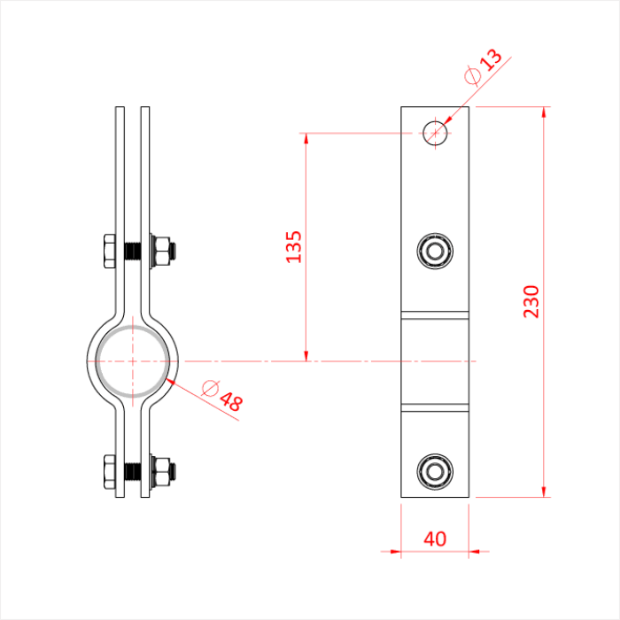 Doughty Hanging Clamp 48mm - Pipe clamp technical drawing with dimensions labeled. - imagen 4