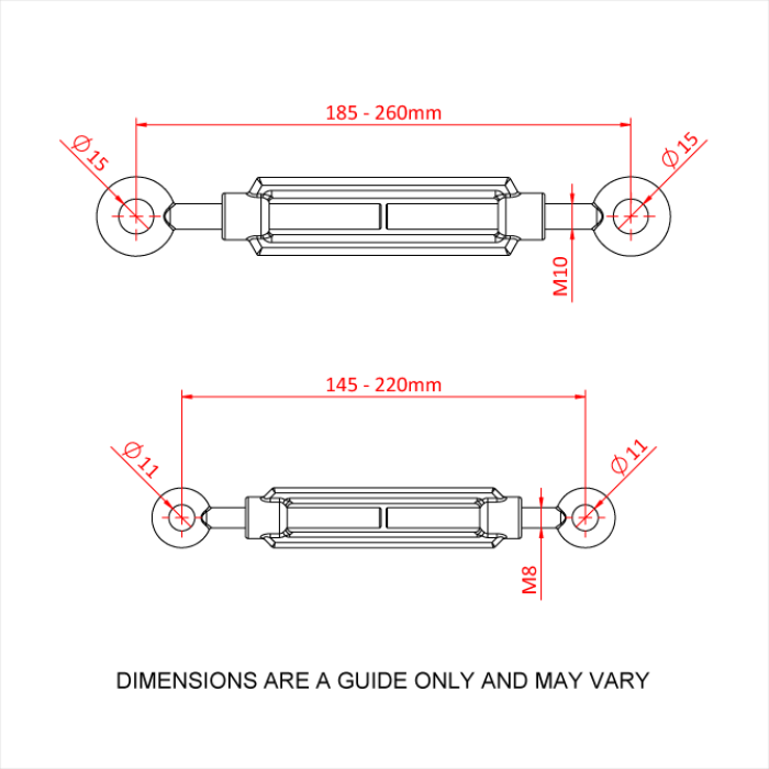 Doughty Eye to Eye Strainers - Adjustable link rod with specific measurements and diameter labels. - imagen 2