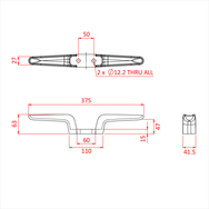 Doughty Flyrail Cleats - Technical drawing of stainless steel boat cleat. - imagen 2