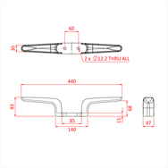 Doughty Engineering - Doughty Flyrail Cleats - The image is a technical drawing of a bracket or handle-like component with multiple views. The top view shows a length of 60 mm, with two circular holes marked "2 x ⌀12.2 THRU ALL." The side view shows dimensions of 440 mm length, 140 mm width, and various height measurements: 83 mm, 68 mm, and 15 mm. A section view on the right displays a width of 47 mm. The lines are detailed in black with red dimension labels and lines. - T41904 - imagen 4