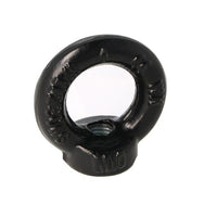 Doughty Engineering - Doughty M10 Eye Nuts - The image shows a black metal lifting eye bolt with threaded hole. It is circular with numbers and letters embossed on its surface. The bolt is designed for attachment to machinery or structures to lift or secure objects. - T42200 - imagen 6