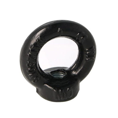 Doughty Engineering - Doughty M10 Eye Nuts. Black metal lifting eye nut with a threaded hole. It has embossed markings around the circular part, indicating specifications.