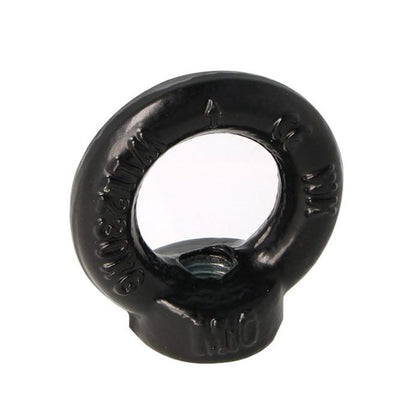 Doughty Engineering - Doughty M10 Eye Nuts. Black metal lifting eye nut with a threaded hole. It has embossed markings around the circular part, indicating specifications.