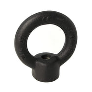 Doughty Engineering - Doughty M12 Eye Nuts - The image shows a black iron lifting eye bolt. It has a round loop at the top and a threaded hole at the base, designed for lifting or securing heavy objects. The surface appears to have a textured finish, suggesting durability and strength, suitable for industrial or heavy-duty use. - T42300
