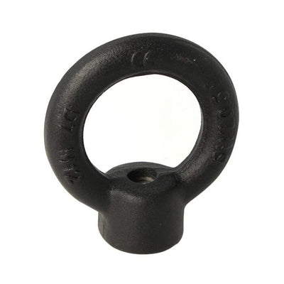 Doughty Engineering - Doughty M12 Eye Nuts - The image shows a black iron lifting eye bolt. It has a round loop at the top and a threaded hole at the base, designed for lifting or securing heavy objects. The surface appears to have a textured finish, suggesting durability and strength, suitable for industrial or heavy-duty use. - T42300