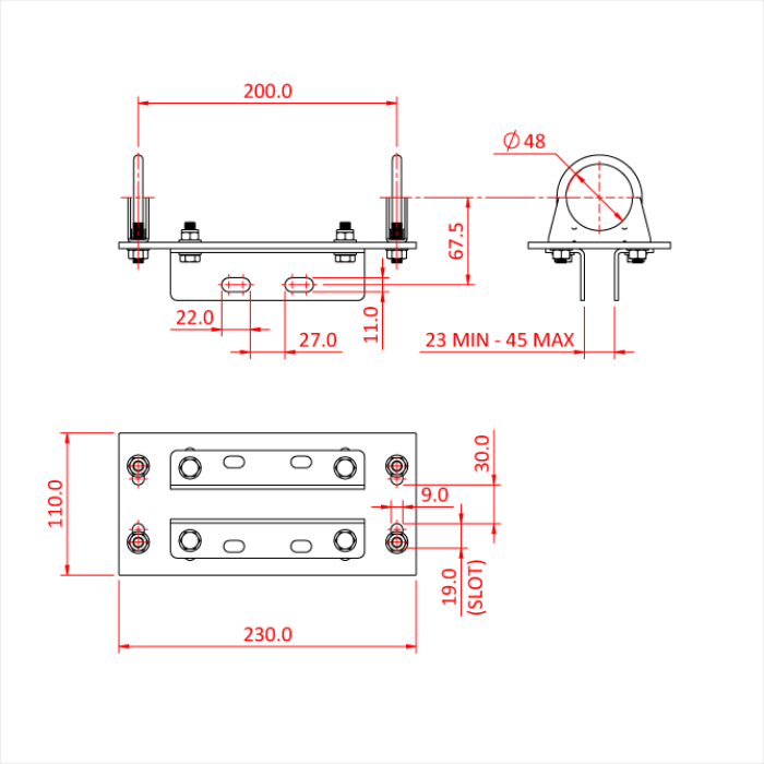 Doughty Parallel Tube Bracket - Mounting bracket technical drawing with precise measurements. - imagen 2