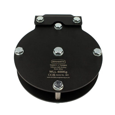 Doughty Engineering - Doughty Heavy Duty Awning Brackets - The image shows a Doughty 150mm heavy-duty pulley designed for 6mm wire, with a working load limit of 400 kg. It features a robust black metal construction with multiple bolts for stability and strength. The product details, including serial number and certification marks, are printed on the surface. - T42984