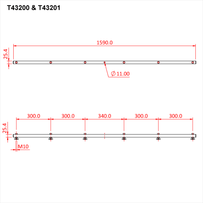 Doughty Tee Bars - Metal rail dimensions, T43200 T43201, mounting points, measurements. - imagen 16