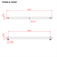 Doughty Engineering - Doughty Lantern Tee Bar (Supplied with Lamp Fixings) - The image displays technical diagrams of two bars labeled T43000 and T43001. The top diagram shows a bar with a total length of 750 mm, featuring a hole with a diameter of 11 mm. The bottom diagram depicts a bar 700 mm long, with an M10 bolt at each end. Both bars have a consistent height of 25.4 mm. - T43000 - imagen 18