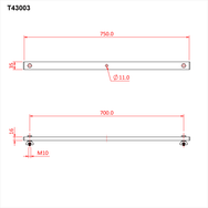 Doughty Engineering - Doughty Lantern Tee Bar (Supplied with Lamp Fixings) - This image is a technical drawing labeled T43003, depicting front and side views of a rectangular metal bar with mounting holes. The bar is 750 mm long, 35 mm wide, with a 11 mm diameter hole. The side view shows a 700 mm section with a 16 mm height bolt labeled "M10." The dimensions and details are marked in red. - T43000 - imagen 19