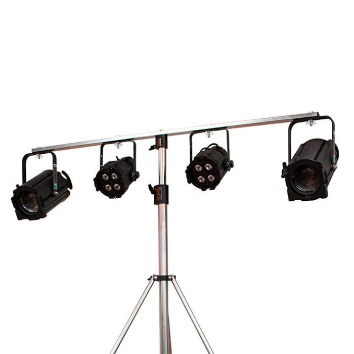 Doughty Engineering - Doughty Lantern Tee Bar (Supplied with Lamp Fixings) - The image shows a portable stage lighting setup with four black stage lights mounted on a horizontal bar. The bar is supported by a silver tripod stand. Two of the lights are cylindrical with lenses, and the other two have multiple LED bulbs. This setup is typically used for concerts or events to illuminate the stage. - T43000 - imagen 20