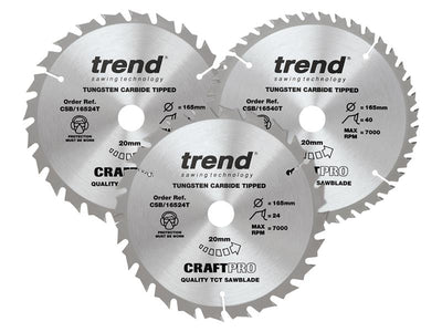 Trend  CraftPro Cordless Saw Blade 165 x 20mm x 24T/40T (Pack 3)
