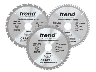 Trend  CraftPro Saw Blade 190 x 30mm x 24T/40T/60T (Pack 3)