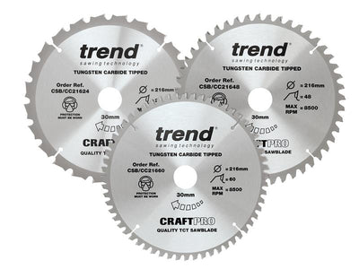 Trend  CraftPro Mitre Saw Blade 216 x 30mm x 24T/48T/60T (Pack 3)
