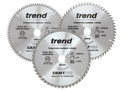 Trend  CraftPro Table Saw Blade 250 x 30mm x 48T/60T/84T (Pack 3)