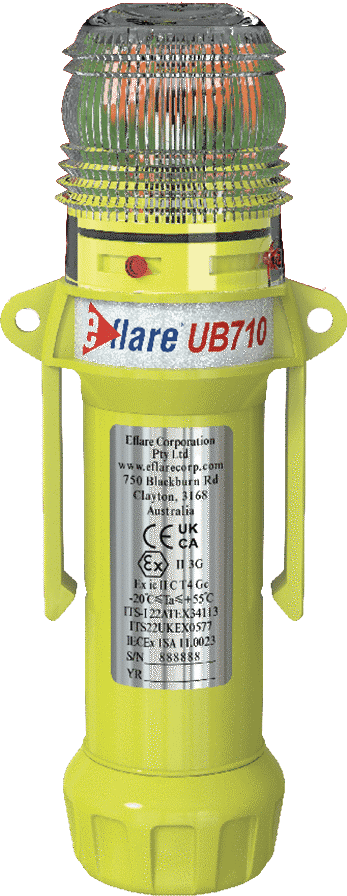 Eflare UB710 Flash-Only LED Safety Beacon, fluoro yellow body with clear Fresnel lens and mounting handles