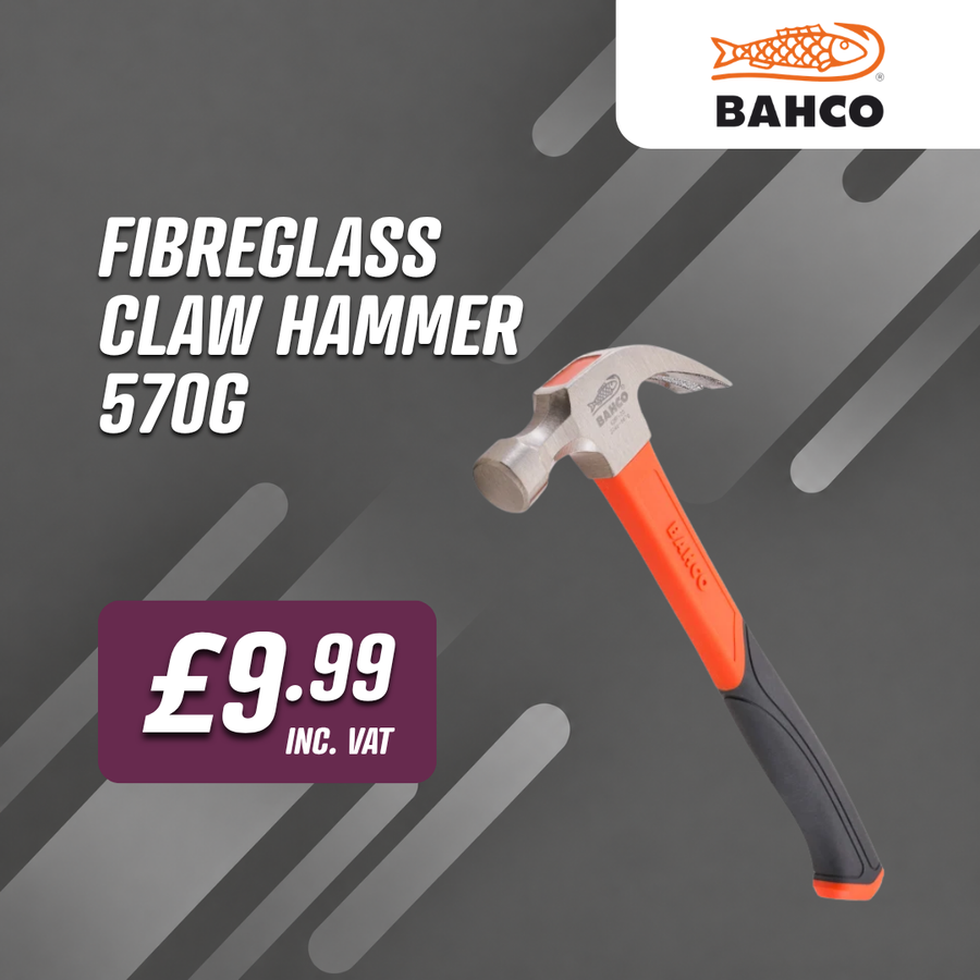 Bahco fibreglass claw hammer with orange and black handle, promoted at £9.99 including VAT.
