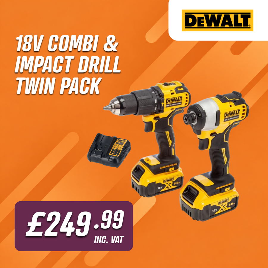 DeWALT 18V Combi and Impact Drill Twin Pack with two 18V drills, batteries and charger, promoted at £249.99 including VAT.