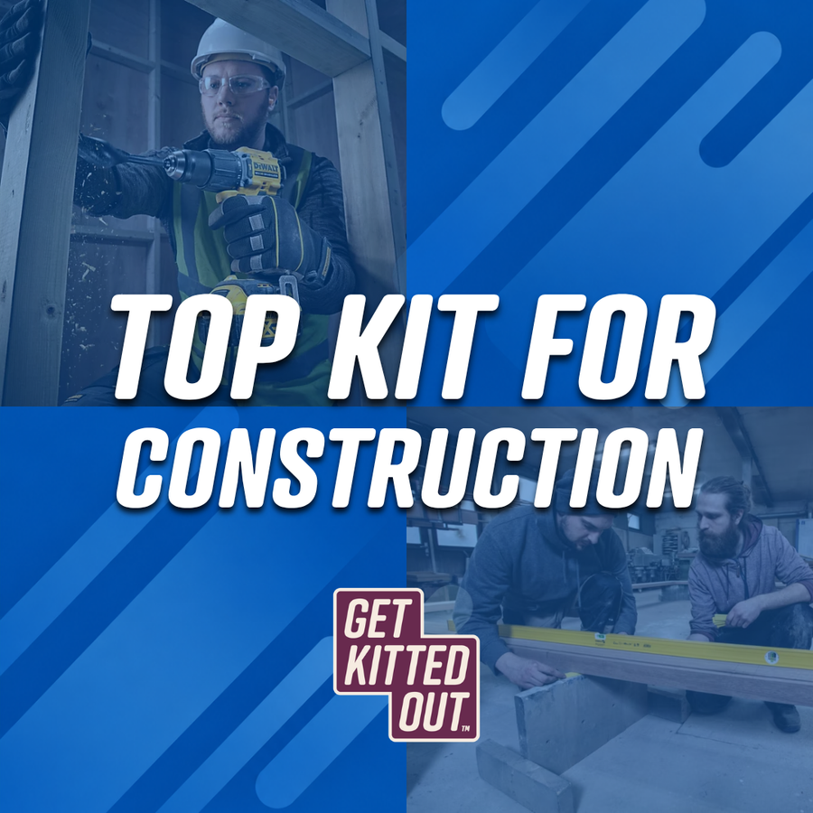 Get Kitted Out construction promotion showing a tradesperson using a DeWALT drill and two workers measuring timber on site.