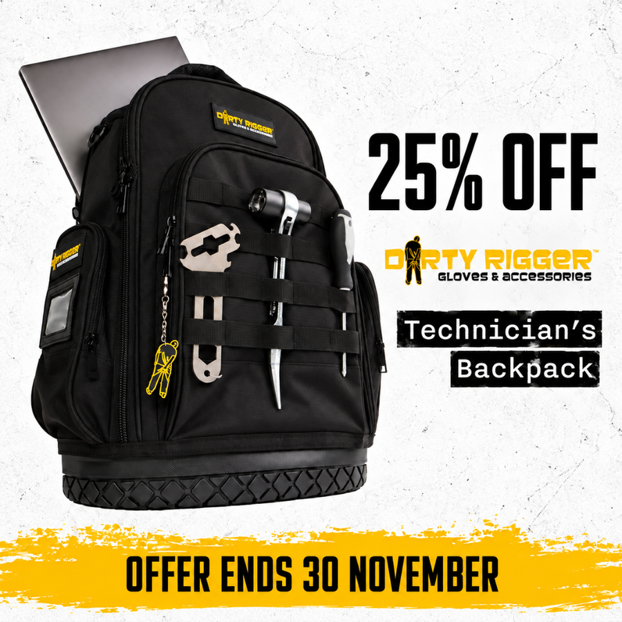 Dirty Rigger Technician’s Backpack with laptop compartment and tool storage, promoted at 25% off. Offer ends 30 November.