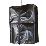Black vinyl bag with a zipper on a white background