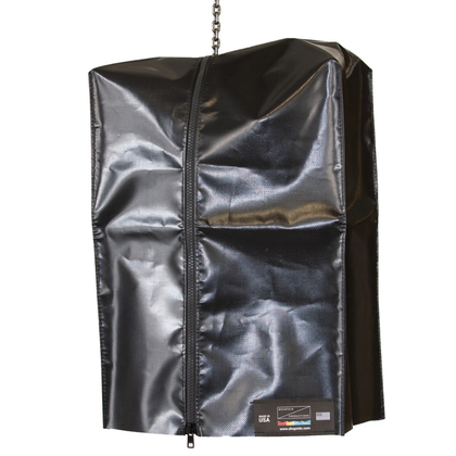 Black vinyl bag with a zipper on a white background