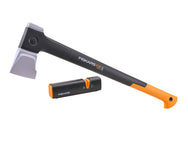 Fiskars - Fiskars Splitting Axe and Sharpener - Fiskars X28 chopping axe with black blade and sharpener.