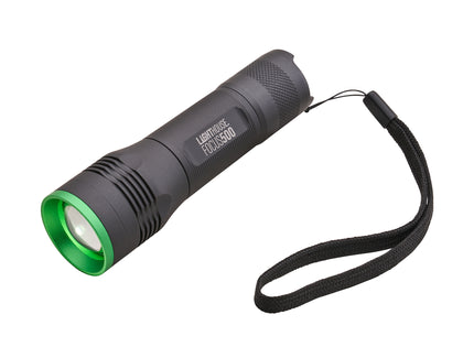 Lighthouse - Lighthouse 500 Lumens Elite Focus Torch - Compact black flashlight with green rim and strap.