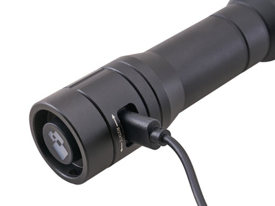 Lighthouse - Lighthouse 1000 Lumens Rechargeable Focus Torch - Black flashlight with charging cable and rotate lock.